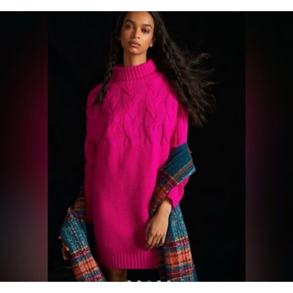 Anthropologie Callahan Size XS Cable Knit Sweater Dress‎ Hot Pink Mini Colorful
